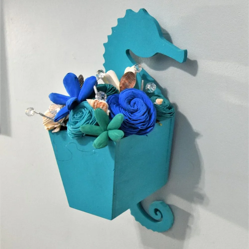 Ocean/Beach theme wall hanging seahorse planter with Sola wood flowers in ocean